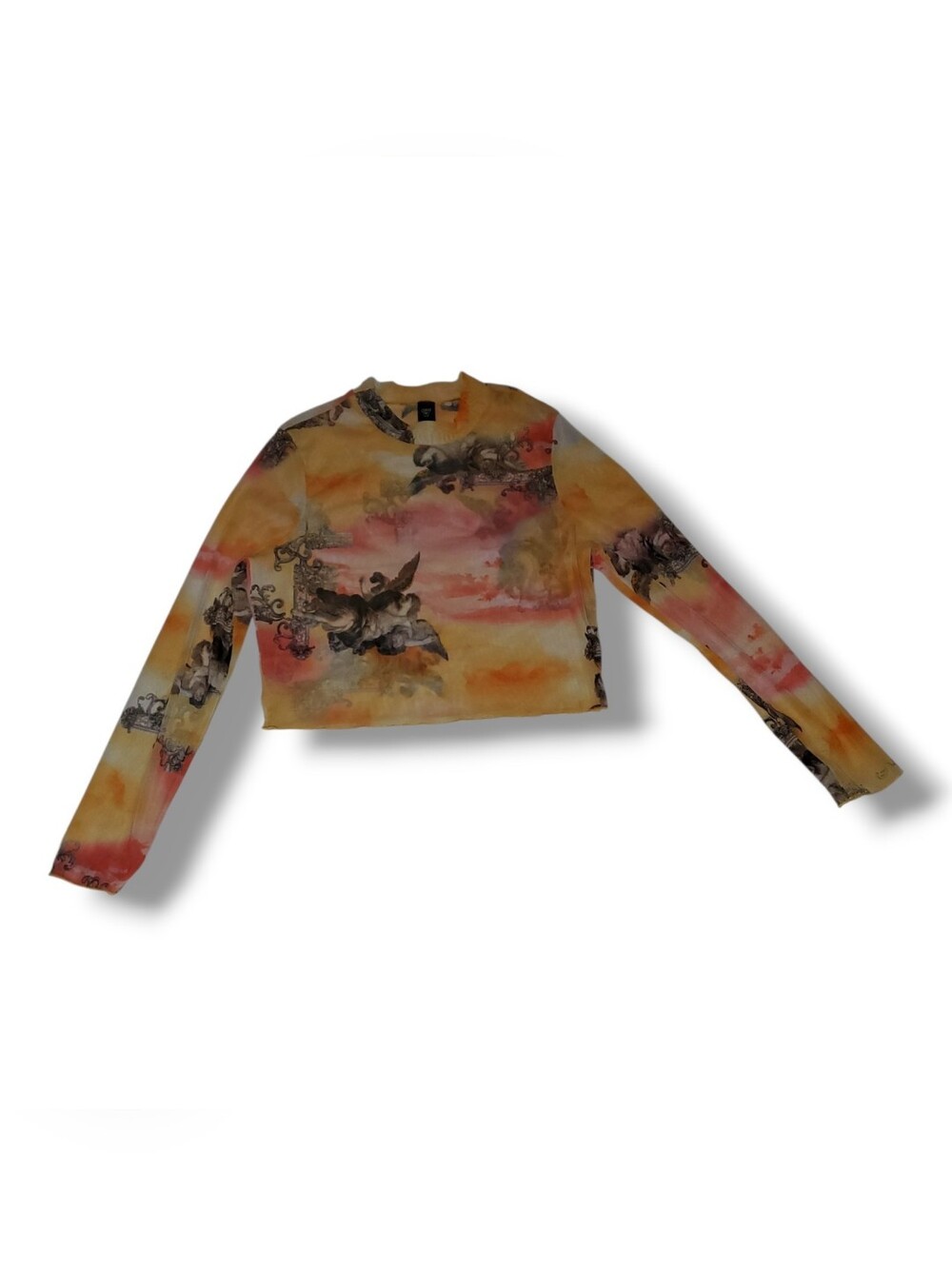 Printed Cropped Long-Sleeve Mock Neck Top - Yellow Multi